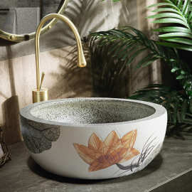 仿古艺术家用台上盆雕刻荷花椭圆陶瓷大号洗手盆家用洗脸盆新中式