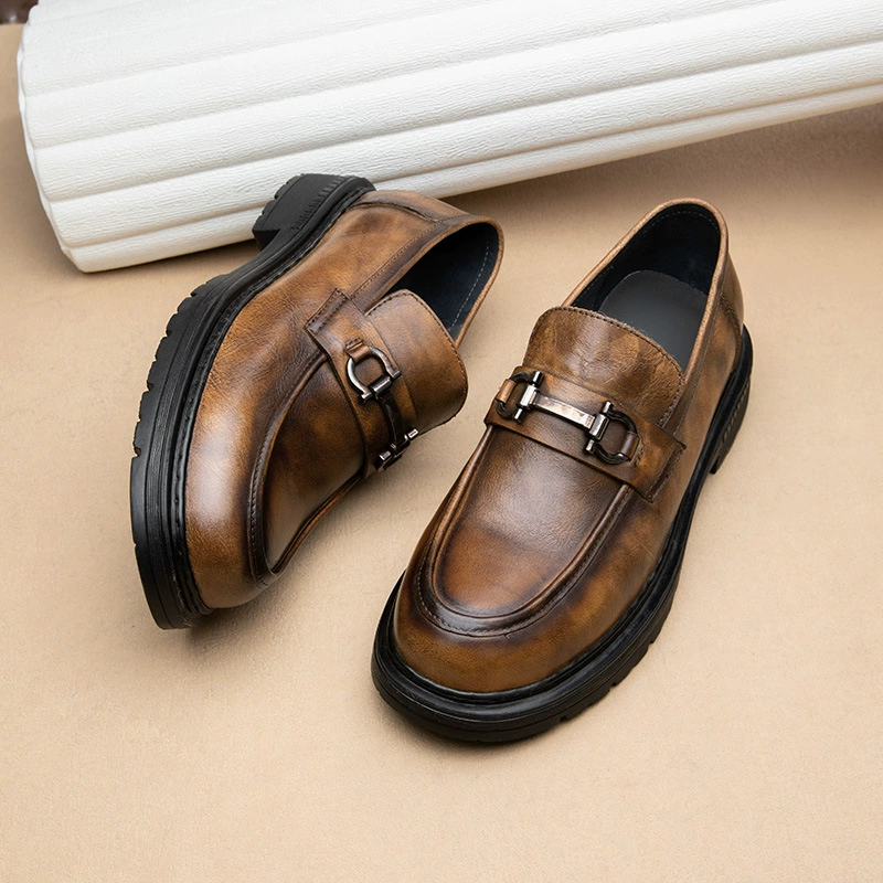 Мужская обувь, новые летние лоферы в британском стиле, деловые повседневные кожаные туфли без шнуровки из натуральной кожи, мужские туфли-бини, увеличивающие рост