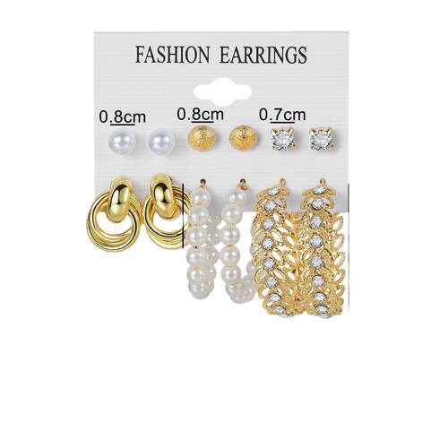 European and American cross-border alloy earrings, square geometric earrings set, 6-piece retro pearl card earrings and earrings