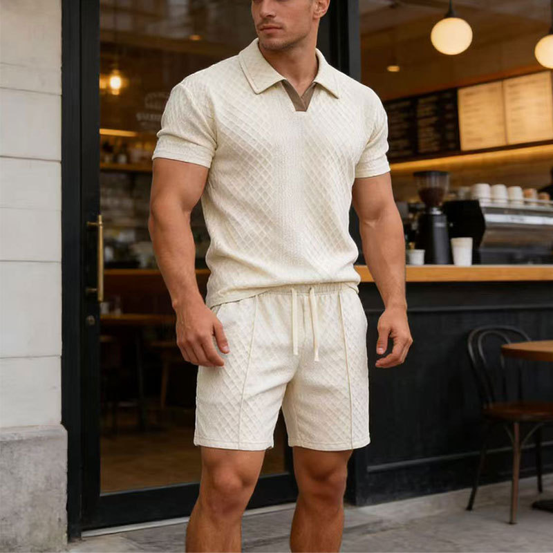 Verano hombre diseño textural americano conjunto versátil transfronterizo amazon con solapa casuales transpirables manga corta