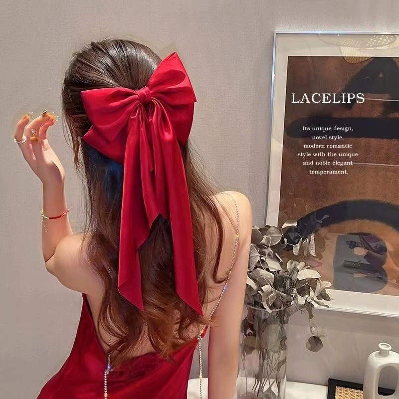 Резинка для волос с бантом Oversized, заколка в стиле принцессы, атласный, красно-черная, 13 см
