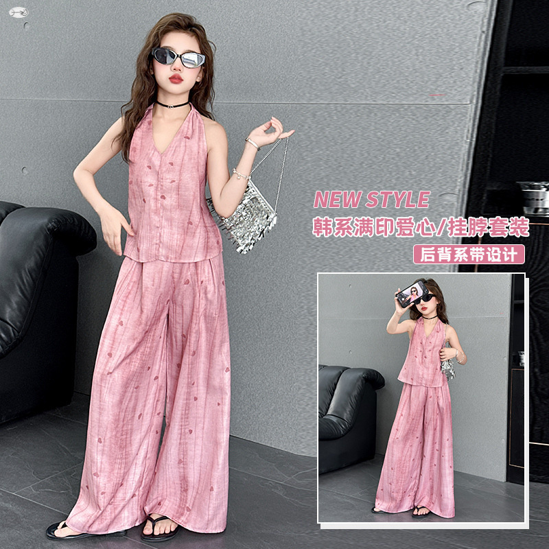 Girls 2025 New Summer Style French Sweet Pink Halter Top High Waist Slim Wide Leg Pants Suit for Middle and Older Children