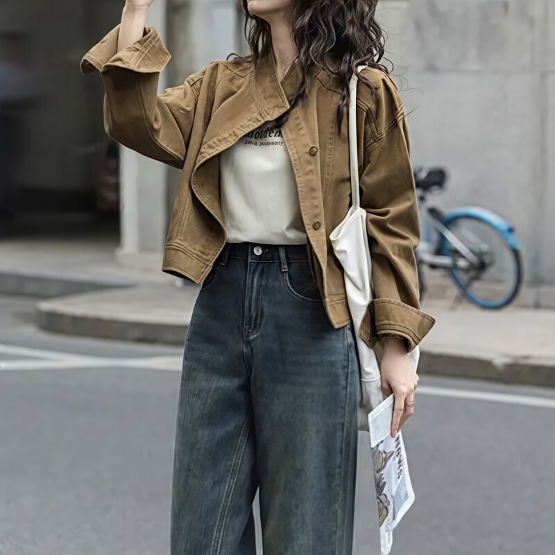 时尚百搭牛仔短外套女2025年秋季新款设计感宽松立领工装夹克上衣|undefined
