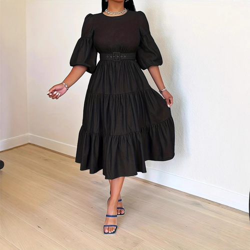 ON01266 Summer and Autumn New Plus Size Women's Fashion Round Neck Swing Denim Dress