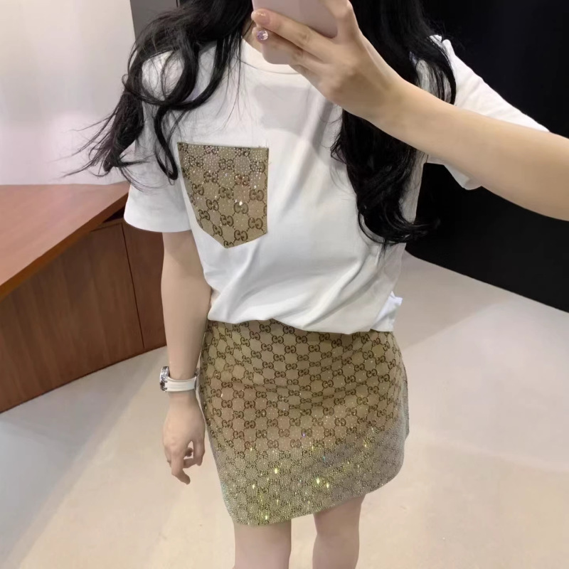 High-Quality Full-Print Rhinestone Gu Letter Short-Sleeve Trendy Brand Foreign Trade European-Style Round-Neck Loose Women's T-Shirt + Short Skirt