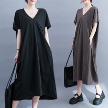 大码女装宽松慵懒范v领蝙蝠袖连衣裙女夏显瘦短袖长款裙子女