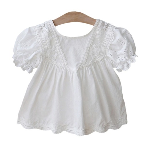 儿童泡泡袖纯棉娃娃衫夏季新款女童宝宝公主风甜美刺绣花边衬衫