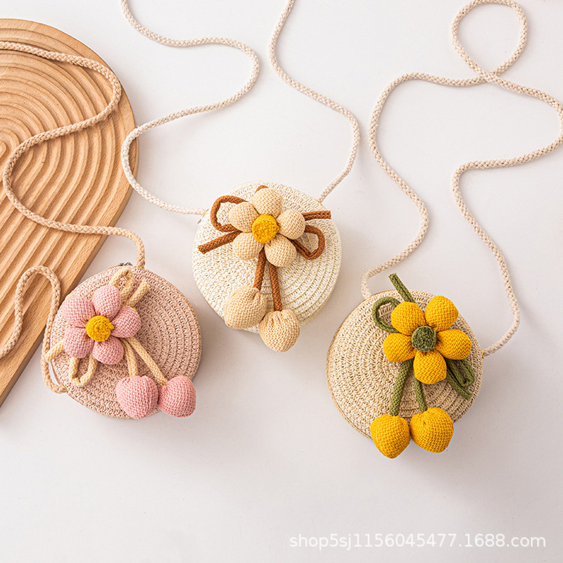 Ins Sweet Bow Flower Crossbody Straw Bag Baby's Travel Photo Shaped Beach Beach Straw Bag Ins Sweet Bow Flower Crossbody Straw Bag Baby's Travel Photo Shaped Beach Beach Straw Bag