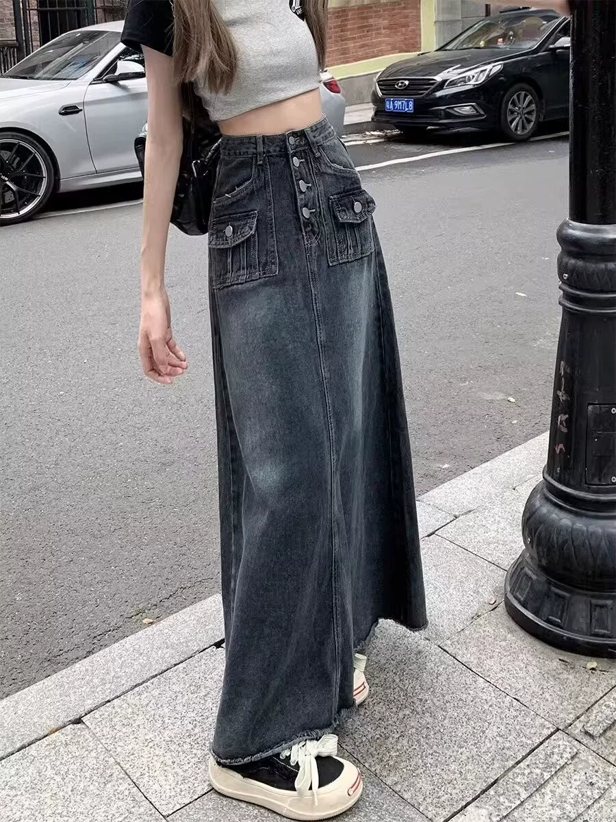 Retro long denim skirt, high‑waist A‑line, fitted, plus sizes S–5XL