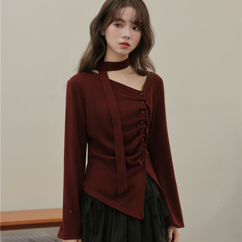 2025秋季新款不规则设计感飘带上衣女甜酷少女收腰V领长袖针织衫|undefined