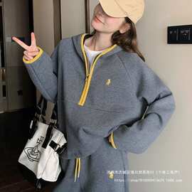 大码灰色运动休闲卫衣套装女2025秋季超火慵懒风宽松阔腿裤两件套
