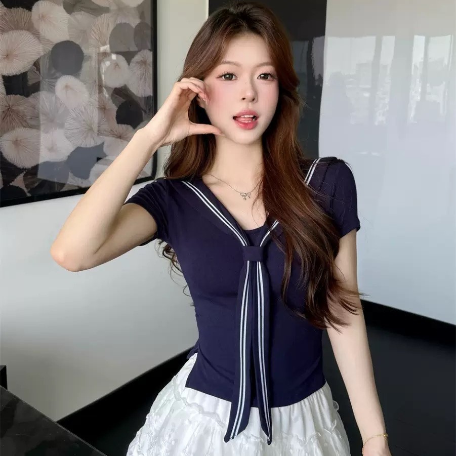 5167 ¿ nueva camiseta de manga corta con tirantes de hombro de viento dulce en verano mujeres delgadas y delgadas blusas con almohadilla para el pecho image 1
