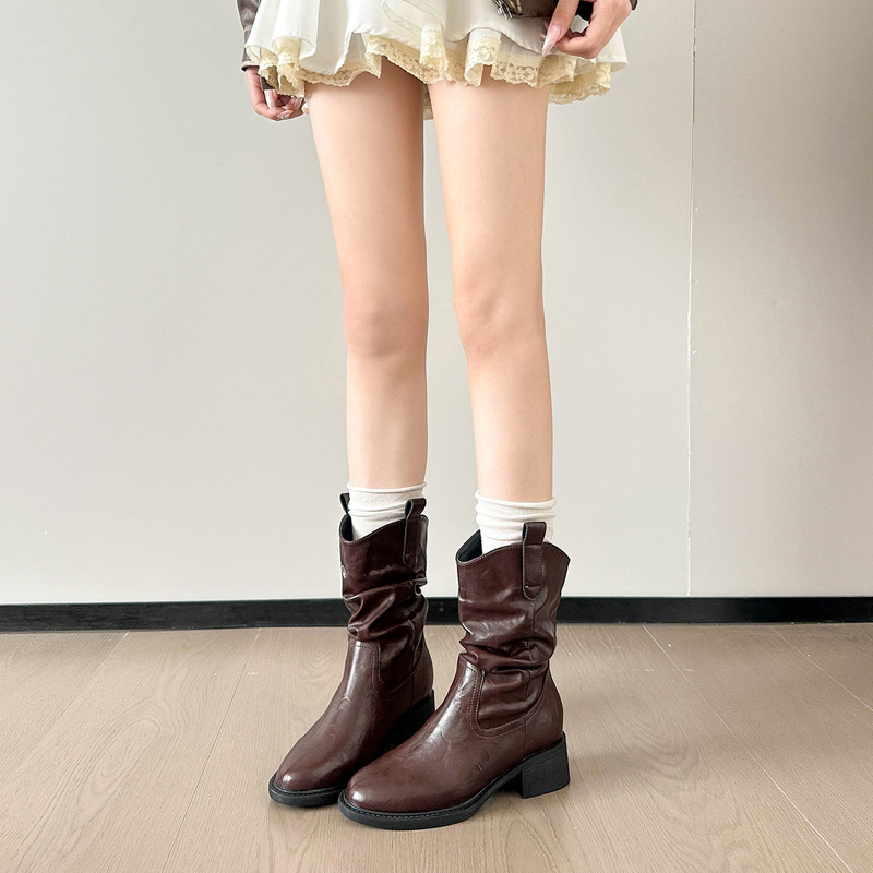 859-3 Height-Increasing Retro Round-Toe Western Cowboy Boots for Women, Pleated Stacked Boots, V-Cut Slimming Mid-Calf Riding Boots