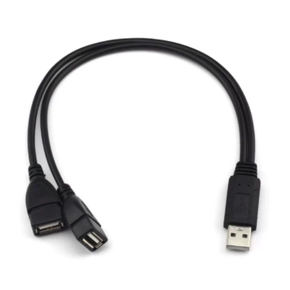 Кабель: от одного источника к двум USB-штекерам, три штекера и два гнезда, один на двоих для передачи данных и включения, удлинительный кабель с двумя USB-гнездами для зарядки
