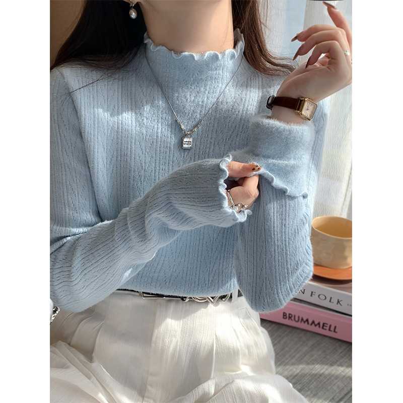 Blue Velvet Pullover Sweater for Women 2025 New Autumn and Winter Thickeneded Inner Half Turtleneck Knitted Bottoming Shirt Top