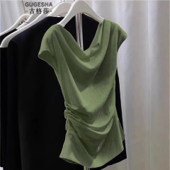 森系复古褶皱收腰绿色短袖t恤女夏新款韩系荡领百搭飞飞袖上衣ins