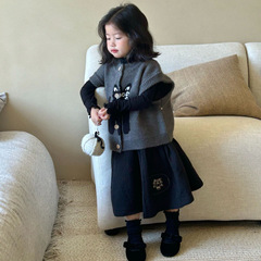 2025年春新作子供服 韓国風子供服 女の子可愛い猫柄ウールベスト 子供ニットベスト