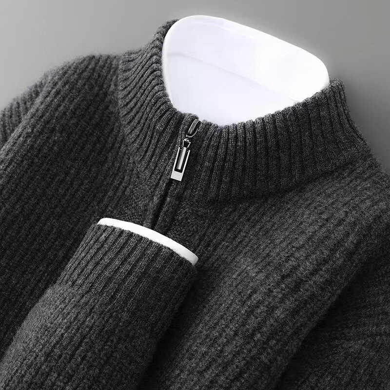 Wool Cardigan Men's Pure Winter Base Sweater Jacket New Cardigan Autumn Zipper Wool Stand Collar Fully Knitted