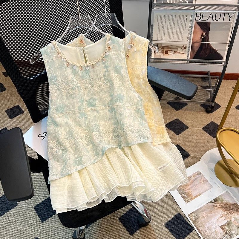 Pure Desire Style Tassel Sequin Sleeveless Shirt for Women, New Summer Large Size Floral Fake Two-Piece Round Neck Top