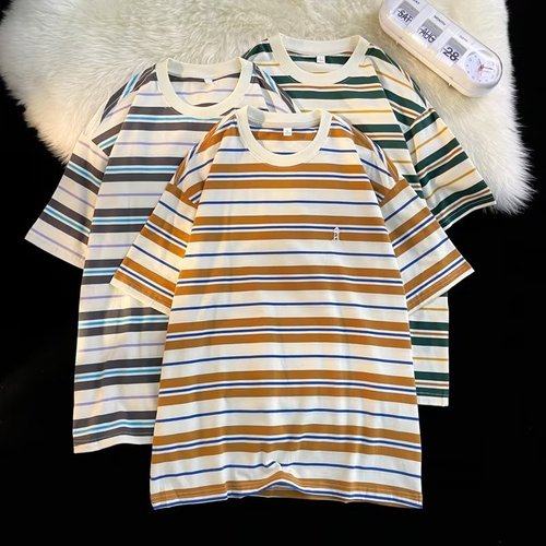 Crew Neck Striped Urban Style Long-Sleeve T-Shirt for Men, Fashionable Streetwear Brand, Literary and Youthful, Trendy Base Layer Top