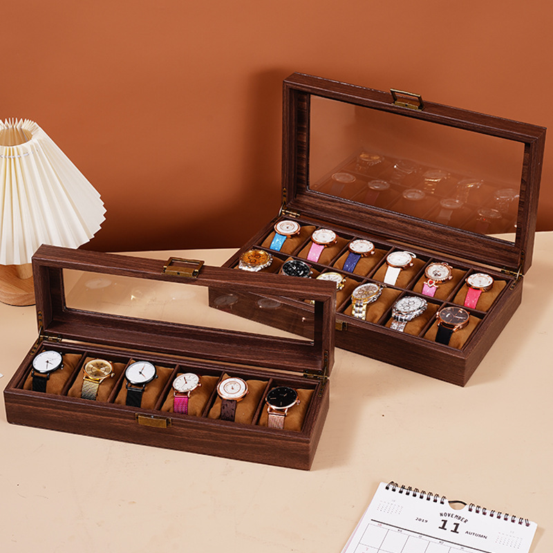 Caja de almacenamiento de reloj de cuero de veta de madera retro Caja de reloj múltiple Reloj de alta gama Reloj mecánico Caja de joyería Hogar de gran capacidad image 1