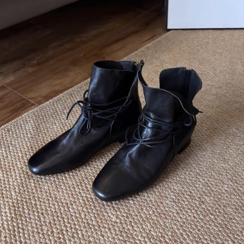 Cowhide Version ~ Retro Lace-Up Short Boots British Style Round-Toe Boots for Women Slimming Look Work Clothing Thick Heel Chelsea Boots