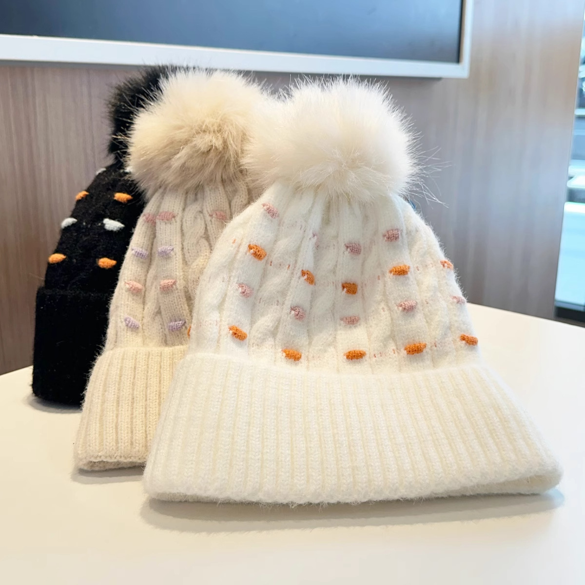 Cappello invernale da uomo e da donna in lana, caldo, spesso, con fodera in pile, alla moda, versatile, all'ingrosso, a pois, in maglia jacquard._voghion.com