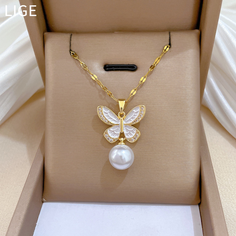 Gorgeous Butterfly Pearl Necklace Set Titanium Steel Clavicle Chain_voghion.com