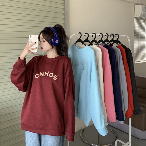 2025 Autumn/Winter New Korean Style Slimming Student Sweet Plus Size Ins Loose Letter Print Hooded Crew Neck Sweatshirt