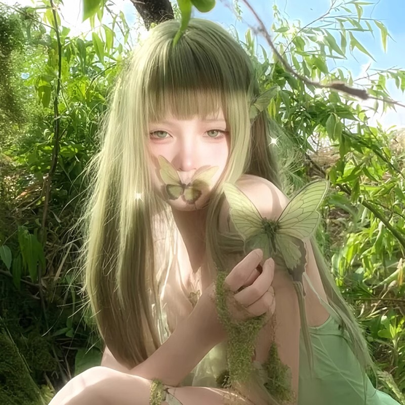 Ku Jingyi Same Style Green Wig Women's Long Straight Hair Cartoon Portrait Mori Style Cute Natural Full Head Cover Full Top Wig