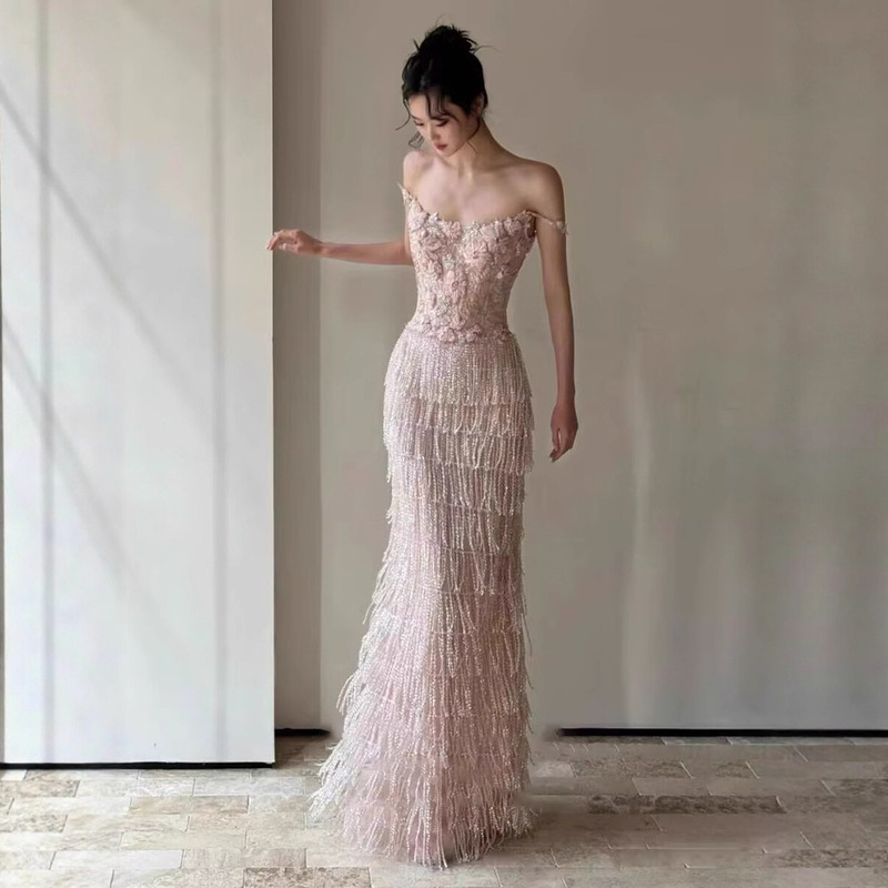 High-End Slimming Evening Dress for Foreign Trade, Banquet Dress, Birthday Host, Advanced Pink Mermaid Bridal Toast Dress