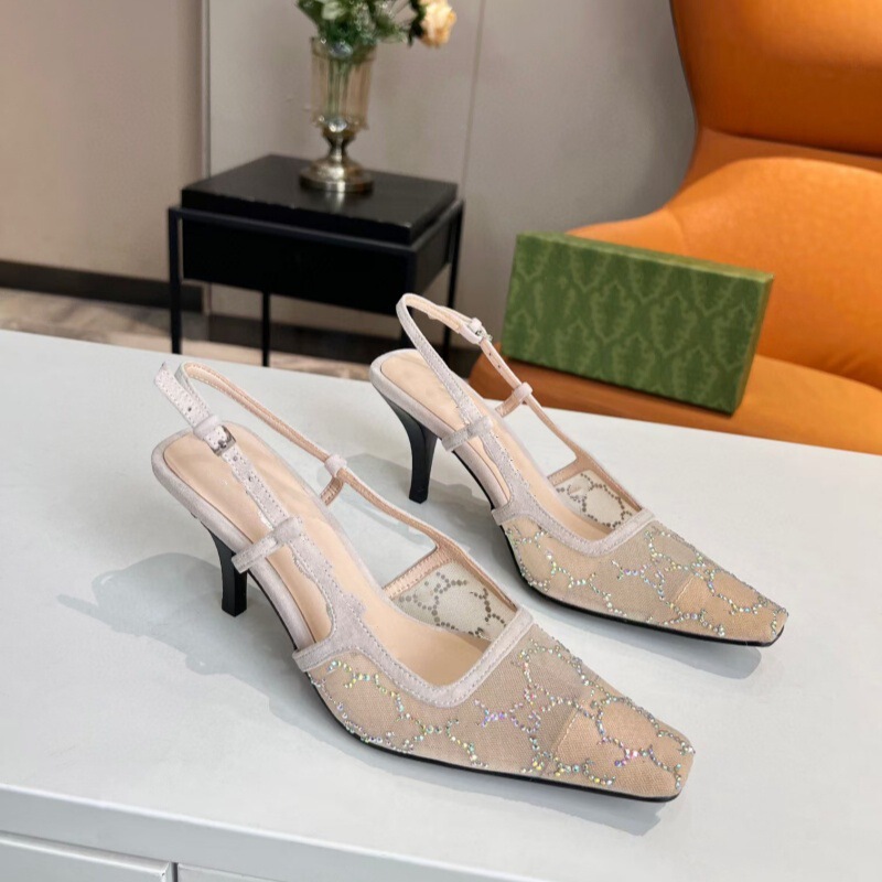 New Foreign Trade European and American Middle Eastern Dubai Ol Fashion Versatile Mesh Hot Rhinestone Square Toe Open-Back High-Heeled Sandals