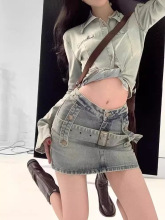 美式复古设计感小众牛仔半身裙女夏季高腰显瘦辣妹A字包臀短裙子