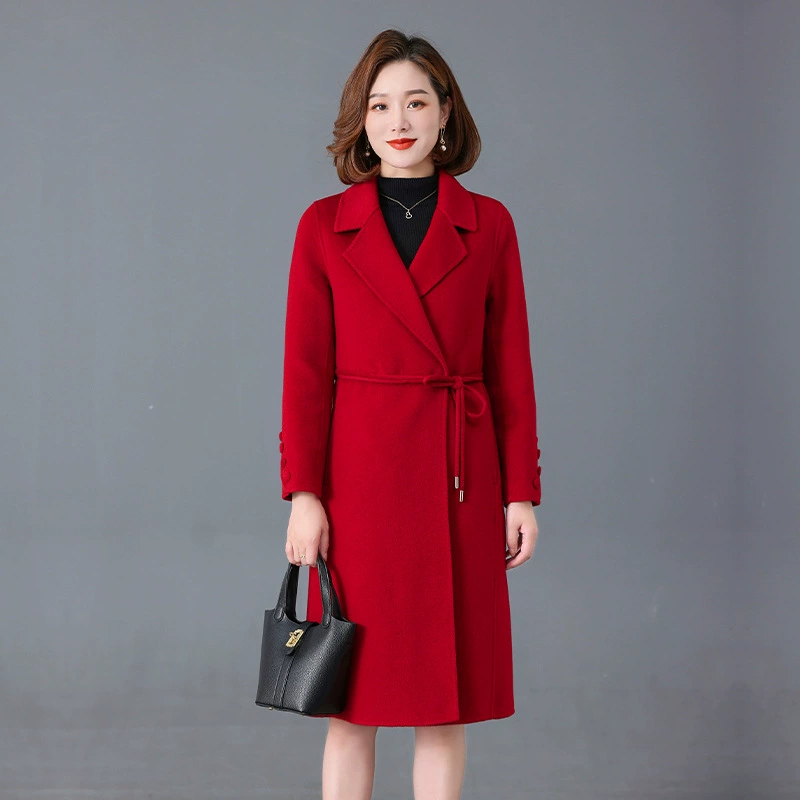 Женское пальто средней длины для женщин среднего и пожилого возраста, Тренч, костюм, кардиган с воротником, новое шерстяное Двустороннее пальто для матери