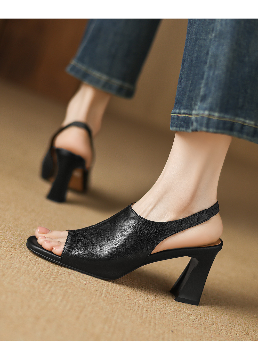Sandal cao gót nữ hở mũi quai ngang gót vuông 7 cm mũi vuông phong cách Hàn — Đen và cao 7 cm chi tiết 10