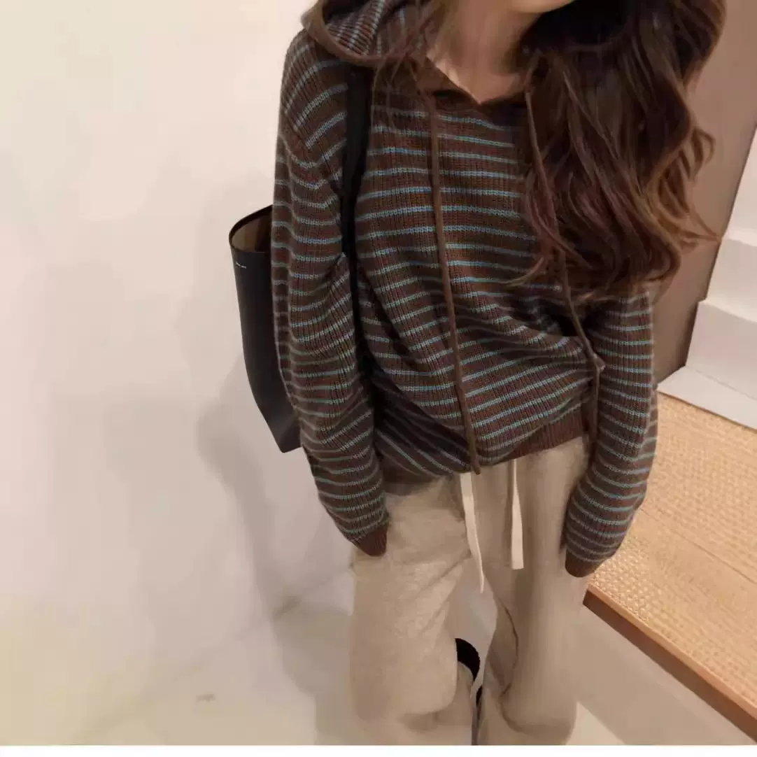 2025秋冬季新款条纹连帽毛衣女小个子慵懒风休闲宽松外穿针织衫女