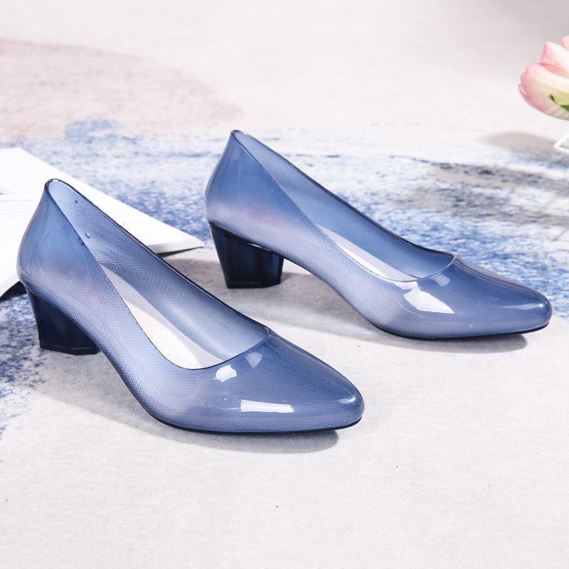 Transparent Blue Chunky Heel Rain Shoes for Women, Shallow Waterproof Rubber Shoes, Non-Slip Mid-Heel High-Heeled Plastic Single Shoes for Commuting on Rainy Days