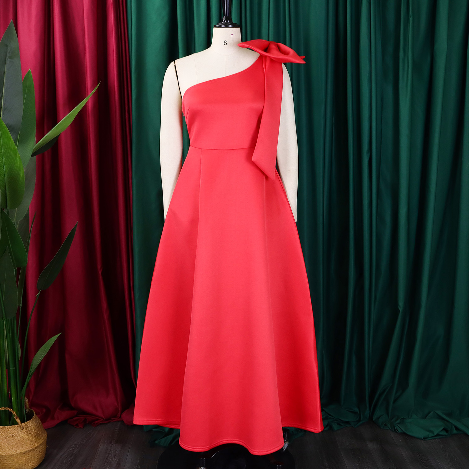 Women's One Shoulder Red Evening Dress With Bow, Elegant A-Line Maxi Gown For Wedding Guest, Prom & Formal Party_ecoleips.com