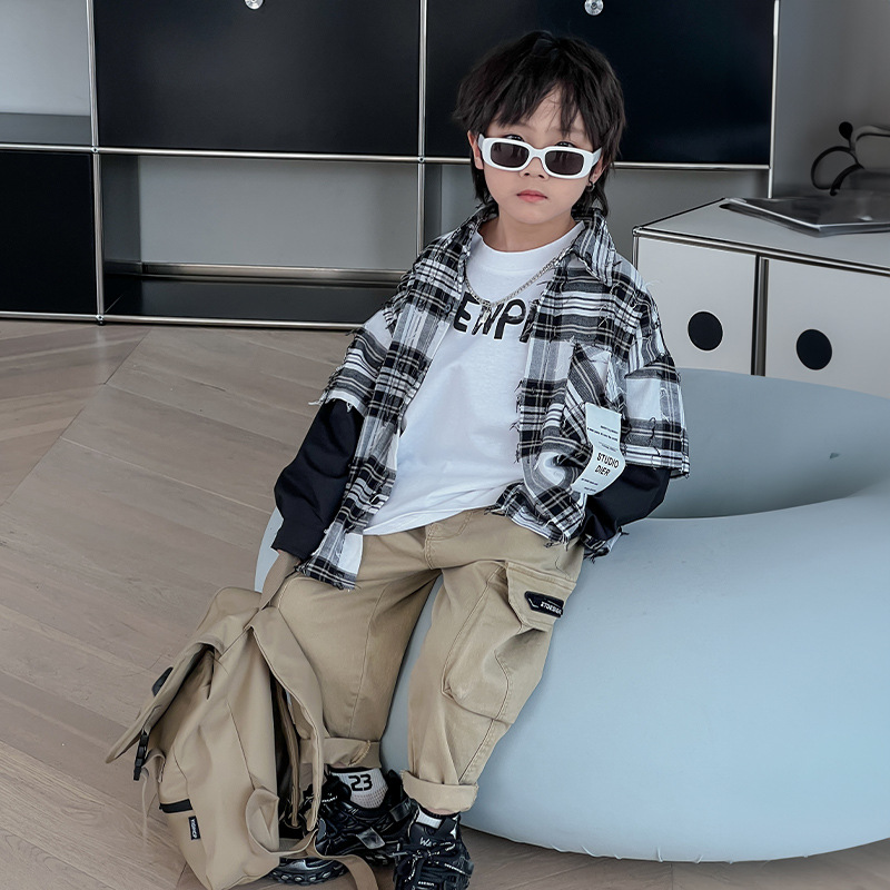 Primavera nuevos niños falso de dos piezas camisa a cuadros estilo coreano casual suelta ropa exterior de los niños prendas de vestir exteriores de moda superior