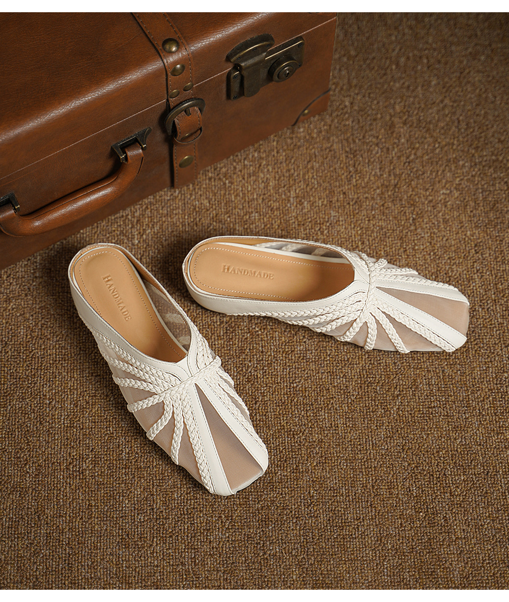 Dép sandal nữ mũi nhọn quai chữ V đế xuồng cao 7 cm, chất liệu lưới ren họa tiết hoa — đen chi tiết 11