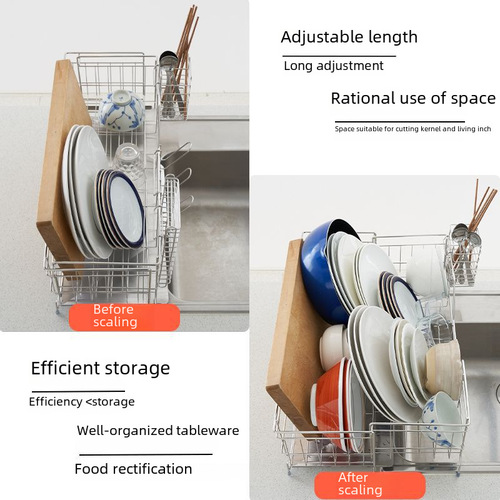 Cross-border 304 stainless steel telescopic draining basket storage, no installation required kitchen countertop bowl and cup rack, wholesale