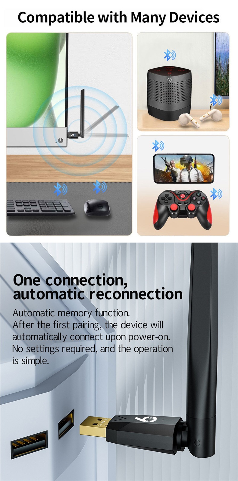Bluetooth Adapter BT6.0 Driver-Free Desktop Computer USB Audio Receiver and Transmitter PA Gain 200m AAC/SBC