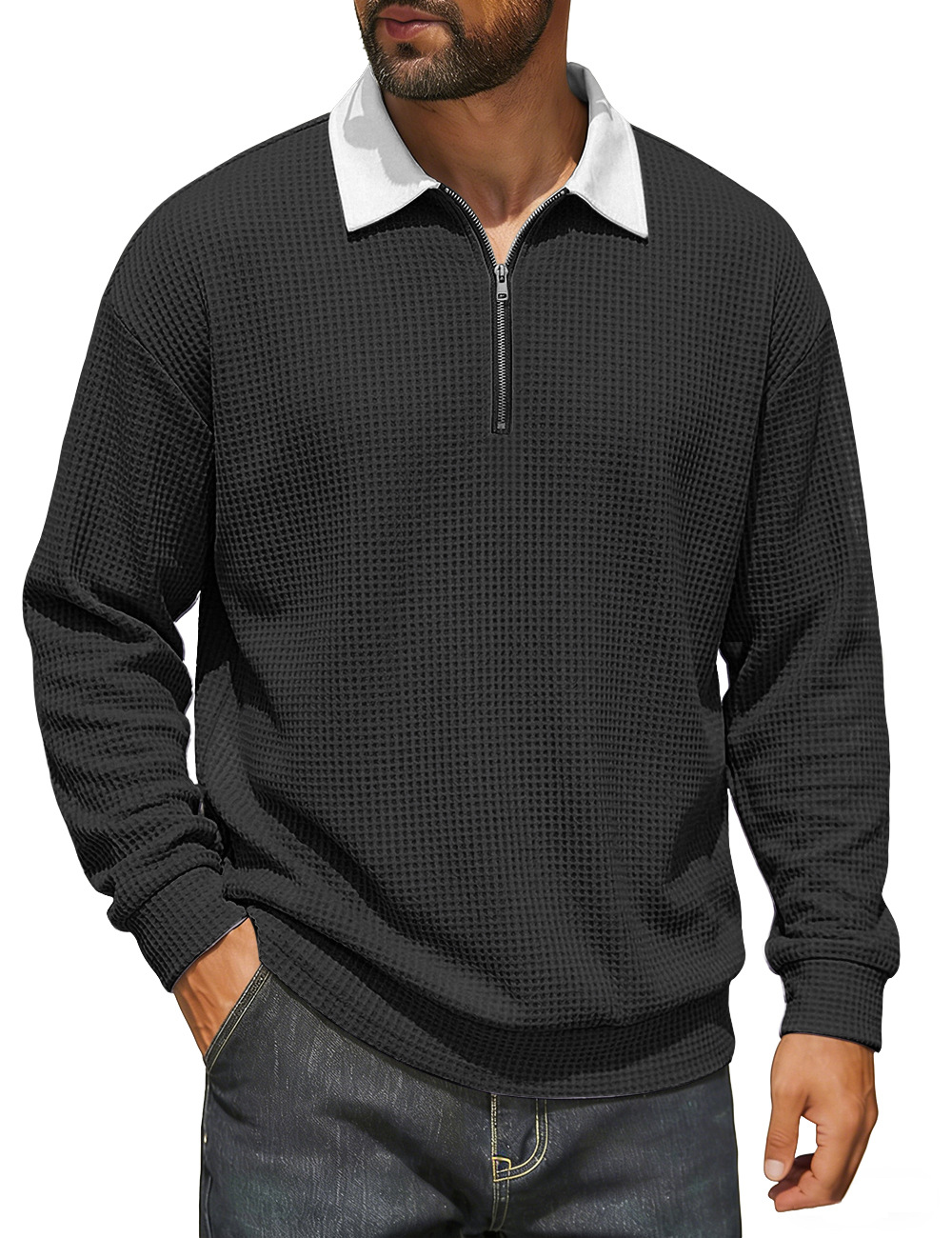 Europa y los Estados Unidos de la nueva primavera de hombres con solapa semiacremallera Waffle color superior americano casual comercio exterior jersey