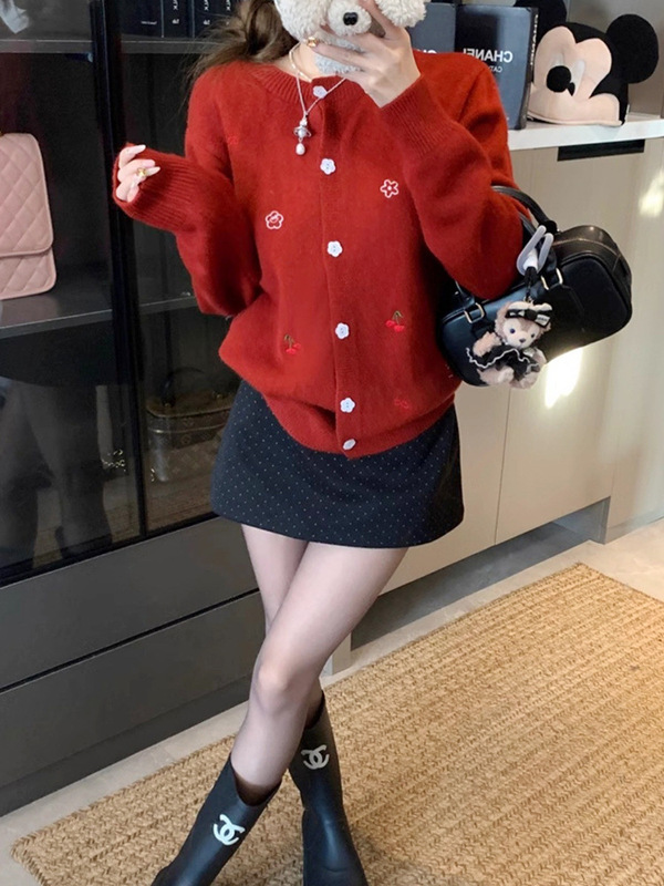 2025秋新款女装针织衫上衣女长袖圆领刺绣毛衣外套女开衫学院风|undefined