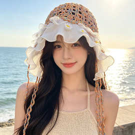 波西米亚风小雏菊蕾丝花边镂空针织帽女春秋季时尚休闲百搭包头帽