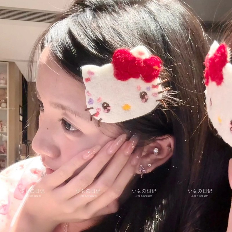 新款日系卡通凯蒂猫蝴蝶结刘海贴少女心甜美百搭魔术贴高级感发饰|undefined