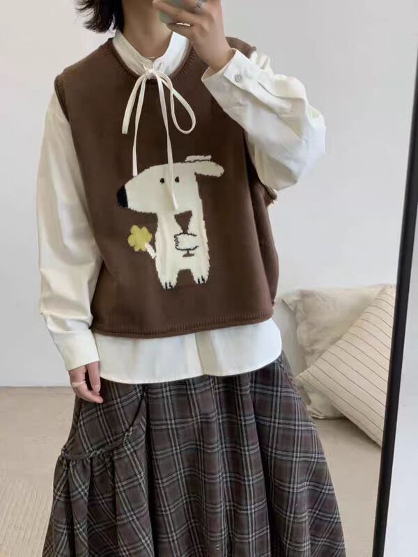 小清新甜美校园风卡通动物图案无袖背心秋季宽松显瘦小个子马甲女|undefined
