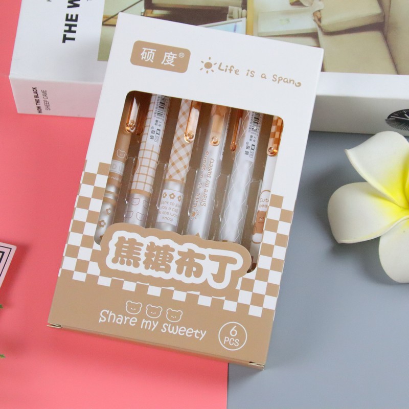 6 piezas en caja ST cabeza de prensa pluma de gel de prensa de alta apariencia estudiante creativo cepillo pregunta pluma mismo color firma pluma