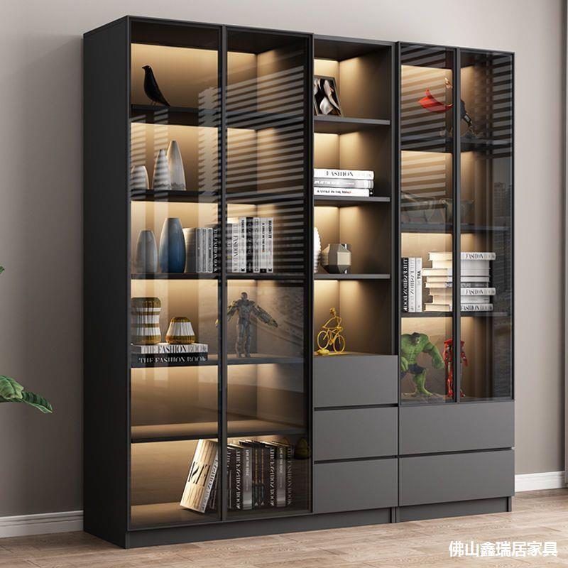 Xiaohongshu's Popular Simple Modern Living Room Bookcase Solid Wood Hand-Made Cabinet Light Luxury Bookcase with Glass Door Bookshelf