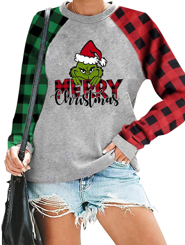 Amazon cross-border Christmas red and green plaid Grinch printed blouse
